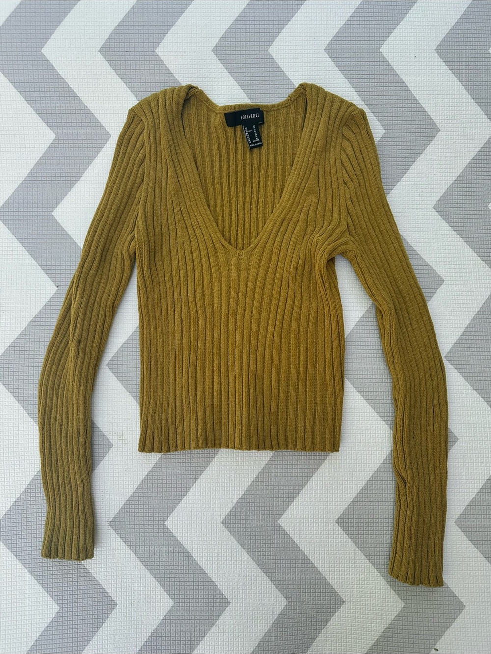 Forever 21 Mustard Olive Ribbed V-Neck Sweater